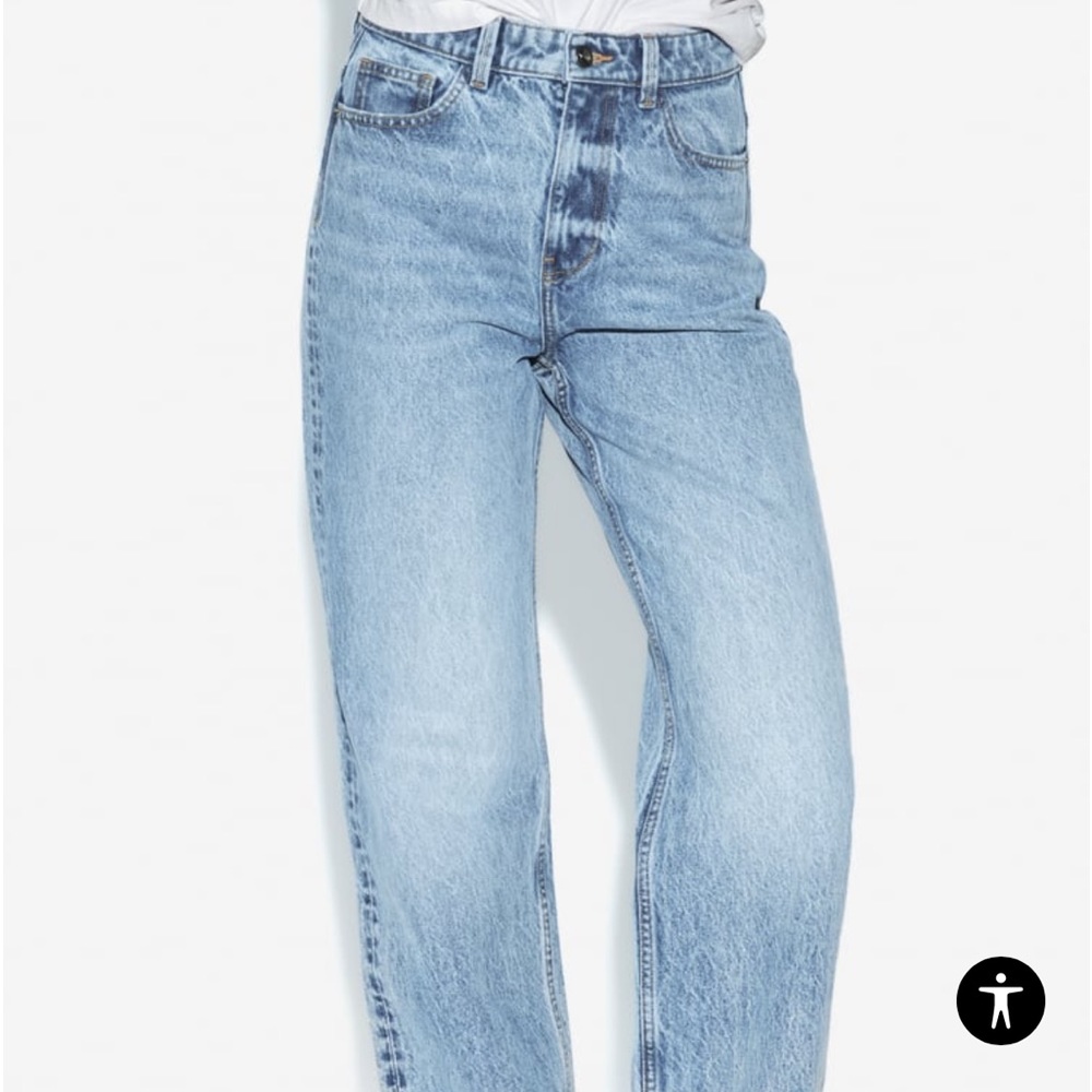 Zara Join Life medium wash straight leg high rise button fly frayed hem jeans 0